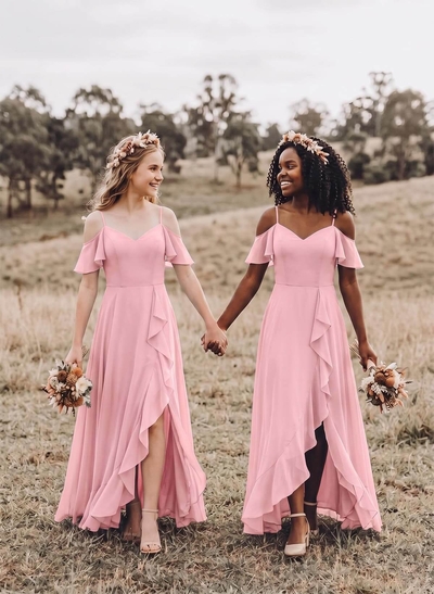 A-Line Off-The-Shoulder Sleeveless Asymmetrical Chiffon Junior Bridesmaid Dresses With High Split