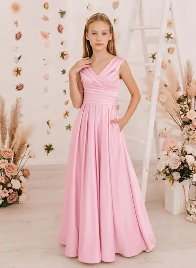 pink junior bridesmaid dresses Various for Teens Kids line Pleated Satin Junior US Size:XXL - US 12 Spaghetti straps wholesaleprice:60 3 Ways To Wear