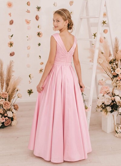 A-Line V-Neck Sleeveless Floor-Length Satin Junior Bridesmaid Dresses