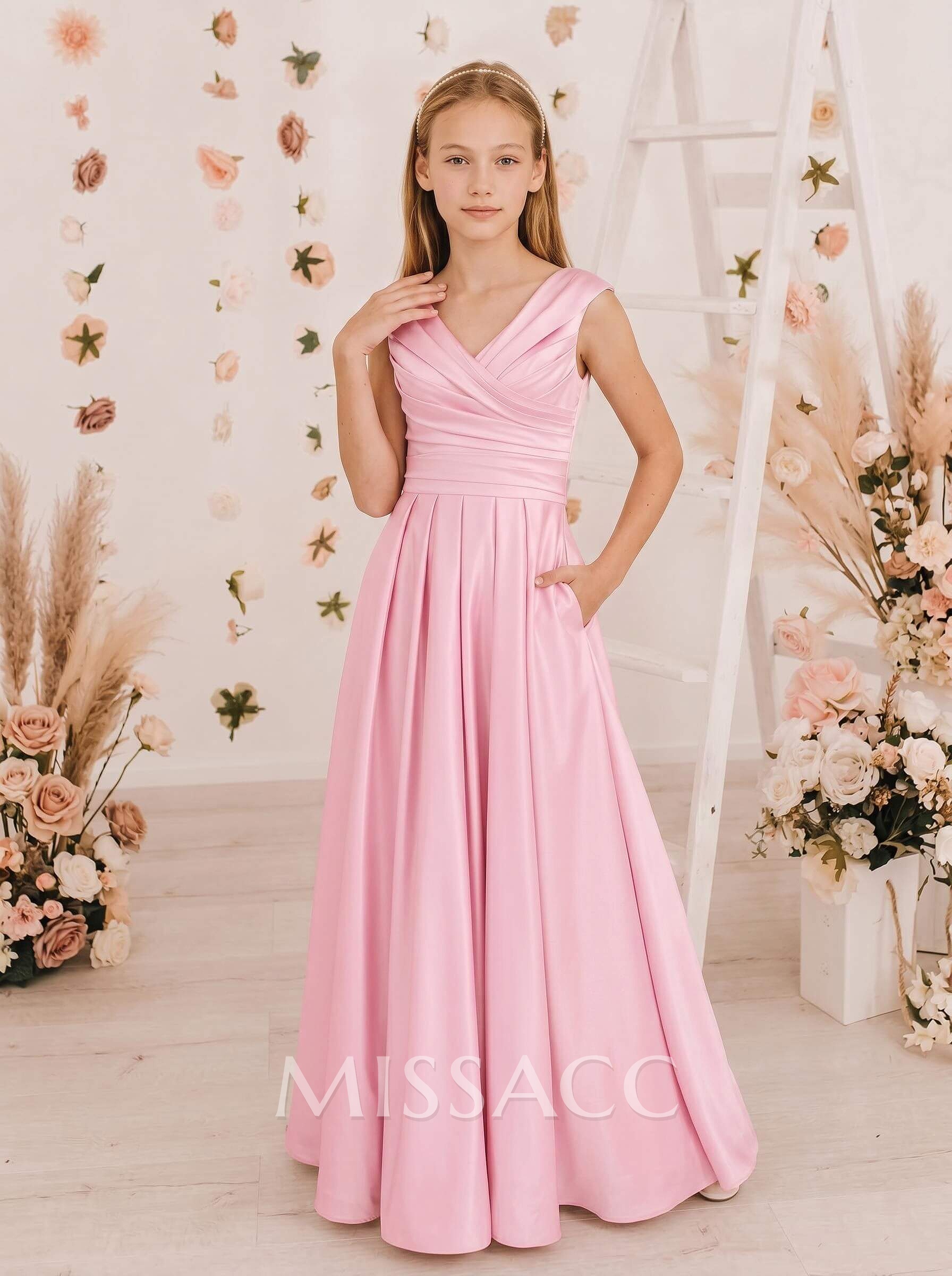 A-Line V-Neck Sleeveless Floor-Length Satin Junior Bridesmaid Dresses