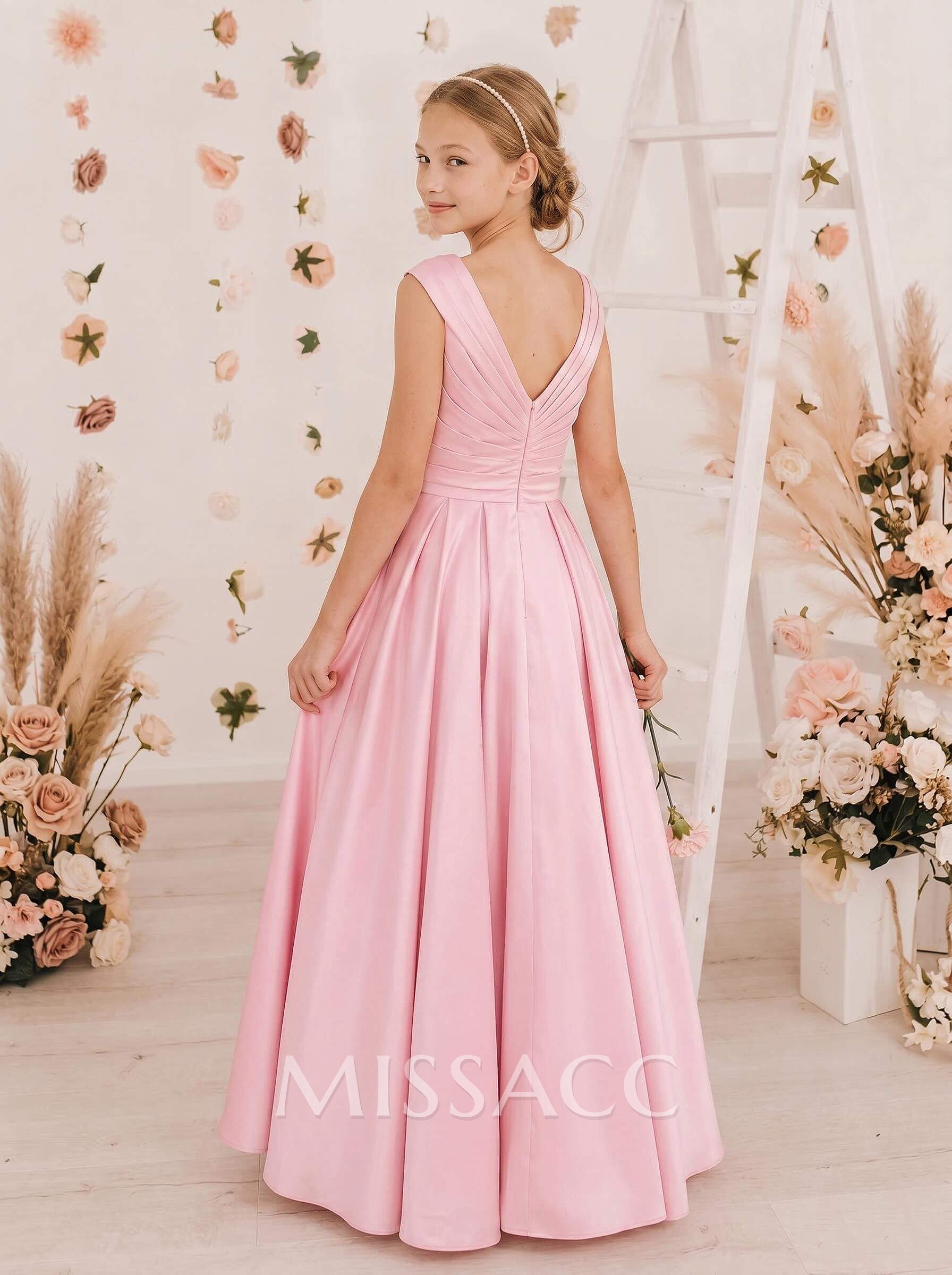 A-Line V-Neck Sleeveless Floor-Length Satin Junior Bridesmaid Dresses