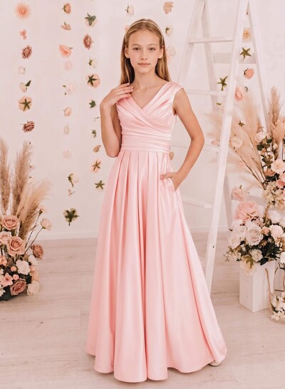 A-Line V-Neck Sleeveless Floor-Length Satin Junior Bridesmaid Dresses