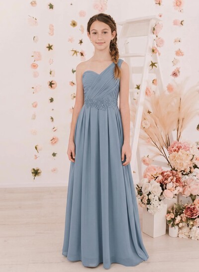 A-Line One-Shoulder Sleeveless Floor-Length Chiffon Junior Bridesmaid Dresses With Lace