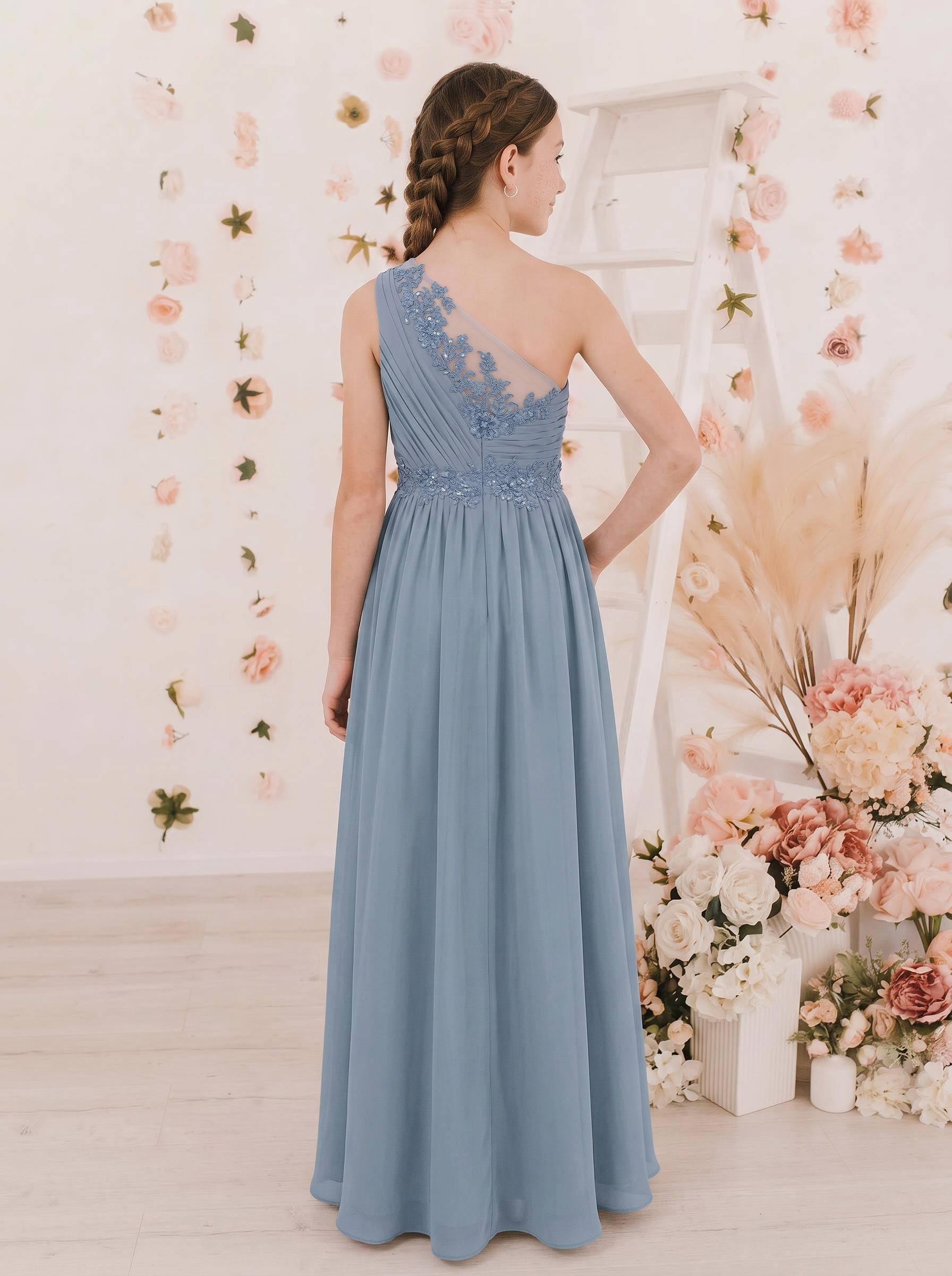 A-Line One-Shoulder Sleeveless Floor-Length Chiffon Junior Bridesmaid Dresses With Lace