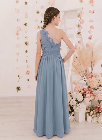 A-Line One-Shoulder Sleeveless Floor-Length Chiffon Junior Bridesmaid Dresses With Lace