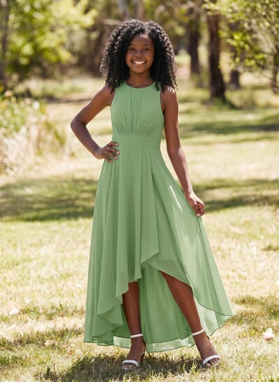 A-Line Scoop Neck Sleeveless Asymmetrical Chiffon Junior Bridesmaid Dresses