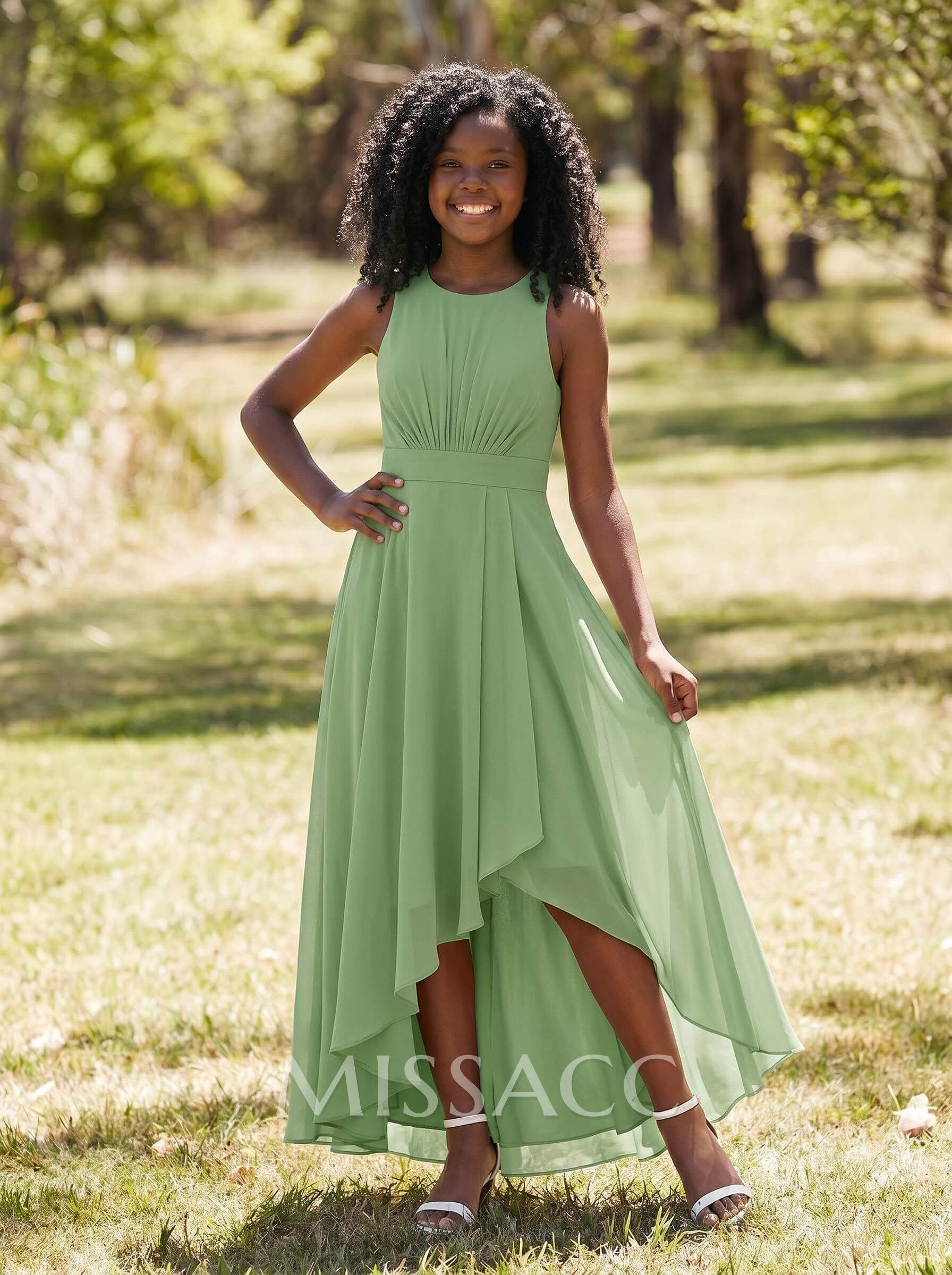A-Line Scoop Neck Sleeveless Asymmetrical Chiffon Junior Bridesmaid Dresses