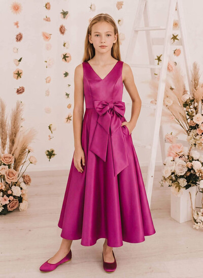 A-Line V-Neck Sleeveless Ankle-Length Satin Junior Bridesmaid Dresses With Bow/Pockets
