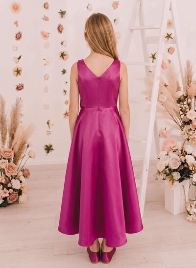 A-Line V-Neck Sleeveless Ankle-Length Satin Junior Bridesmaid Dresses With Bow/Pockets