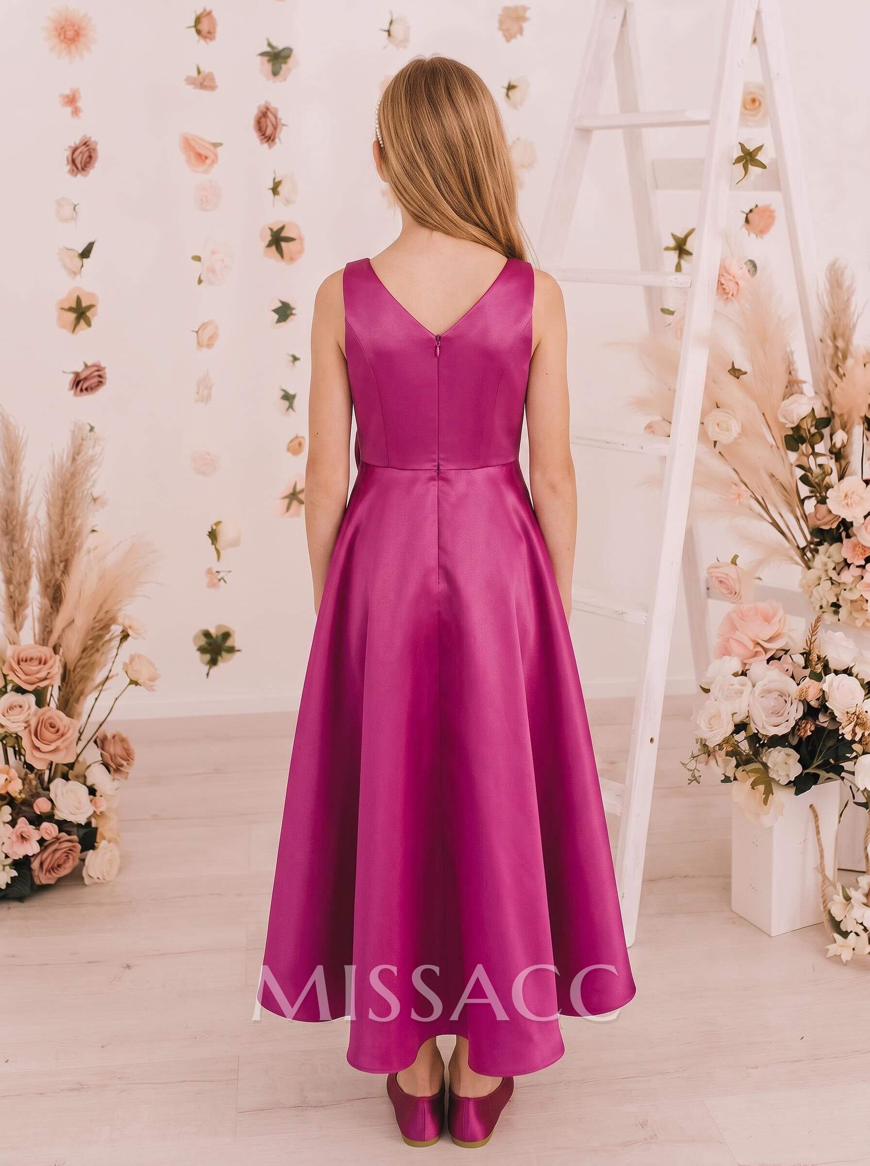 A-Line V-Neck Sleeveless Ankle-Length Satin Junior Bridesmaid Dresses With Bow/Pockets