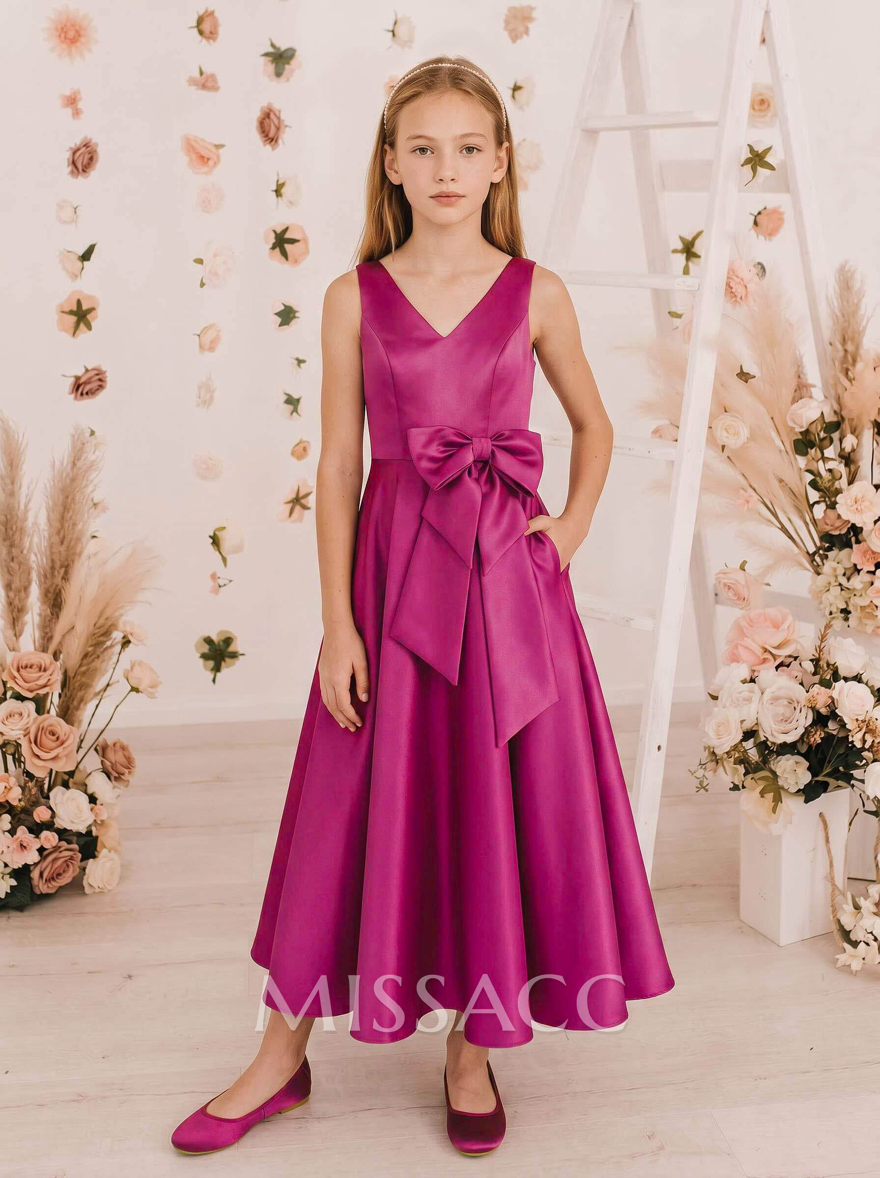 A-Line V-Neck Sleeveless Ankle-Length Satin Junior Bridesmaid Dresses With Bow/Pockets