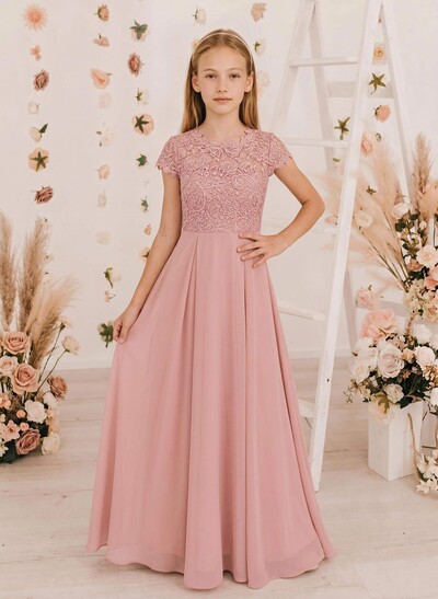 A-Line Scoop Neck Sleeveless Floor-Length Chiffon Junior Bridesmaid Dresses With Lace