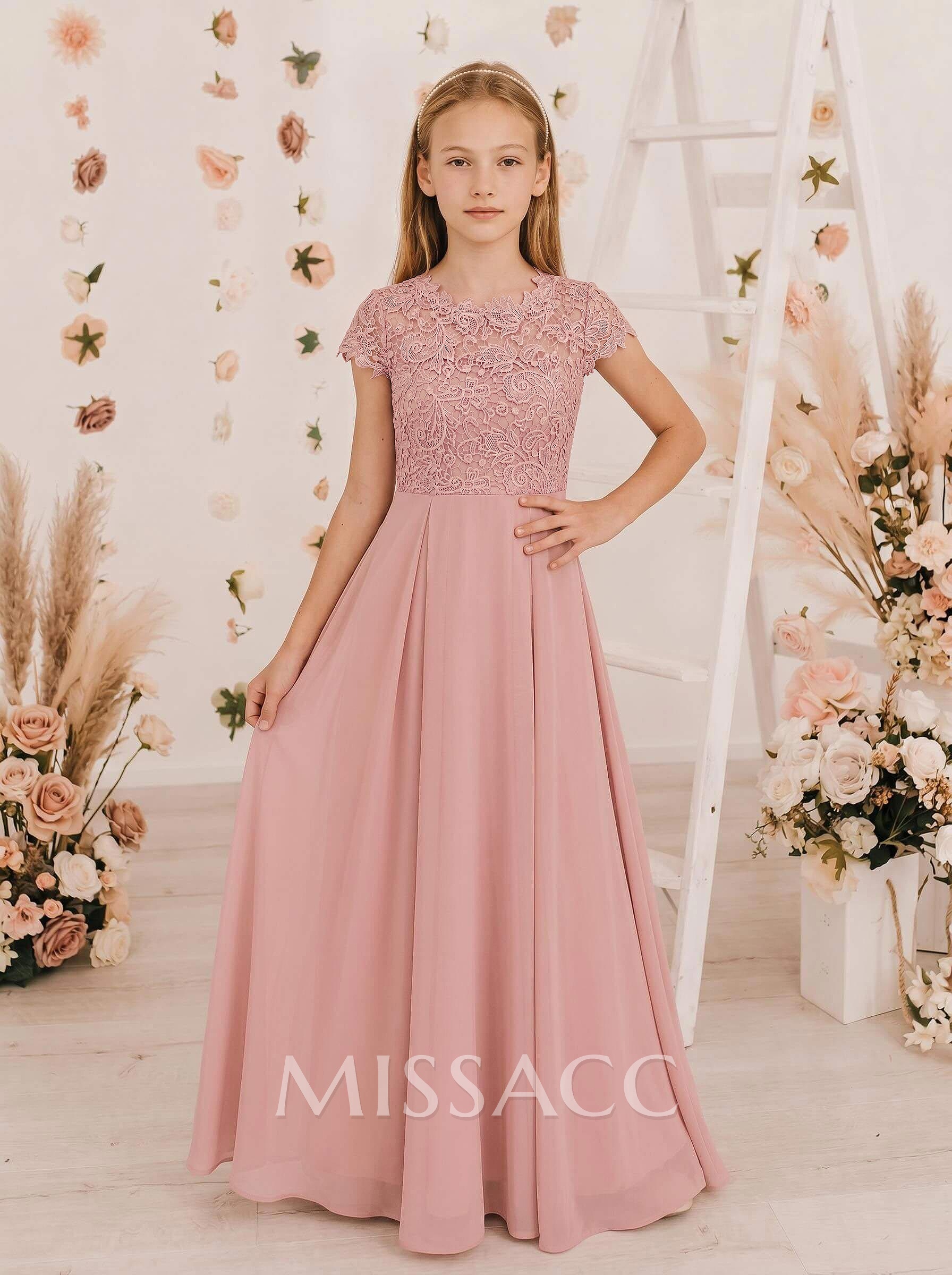 A-Line Scoop Neck Sleeveless Floor-Length Chiffon Junior Bridesmaid Dresses With Lace