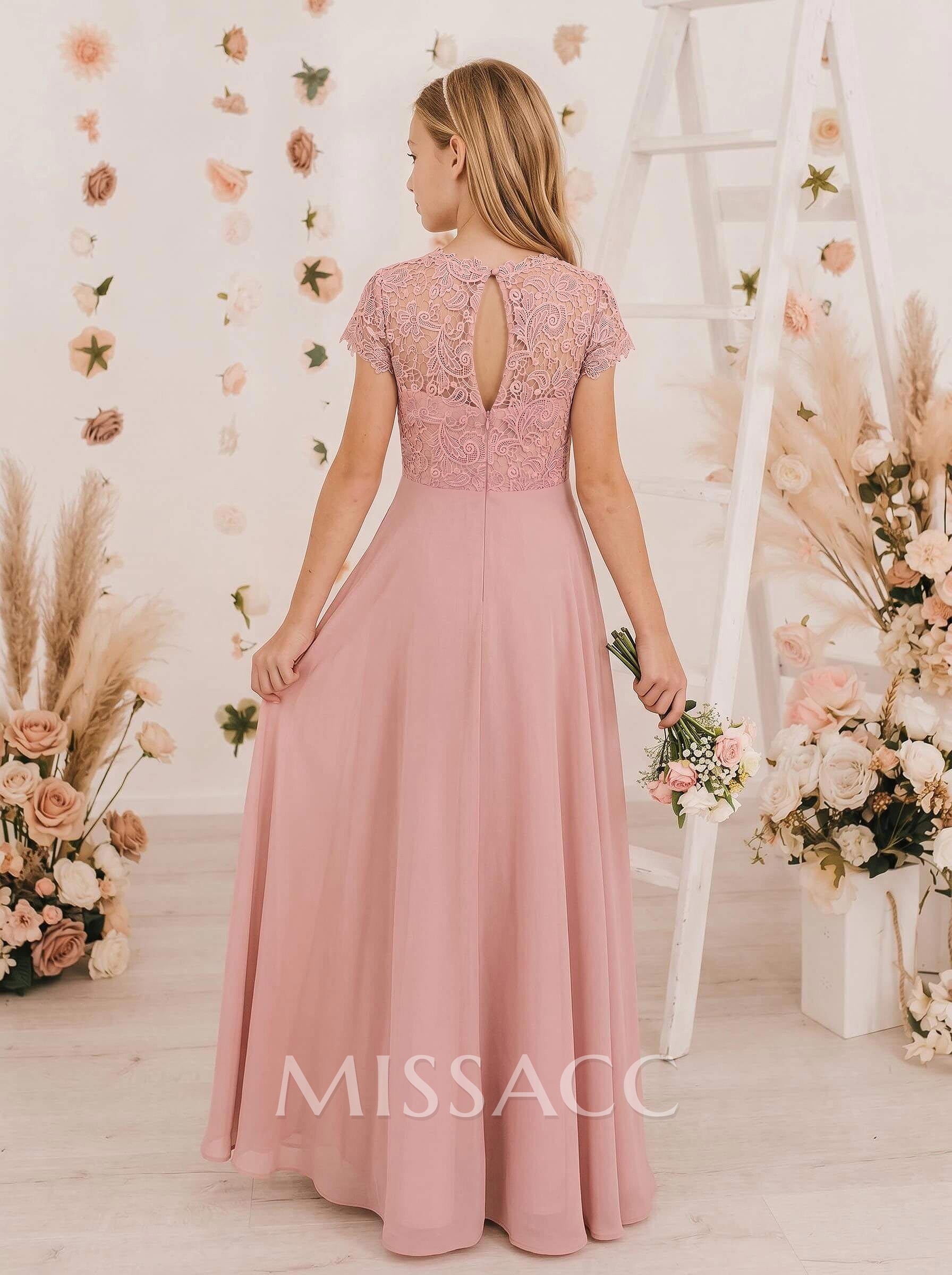 A-Line Scoop Neck Sleeveless Floor-Length Chiffon Junior Bridesmaid Dresses With Lace