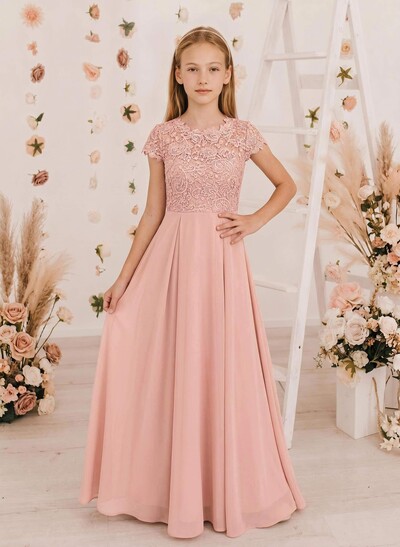 A-Line Scoop Neck Sleeveless Floor-Length Chiffon Junior Bridesmaid Dresses With Lace
