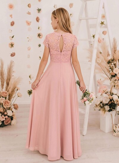 A-Line Scoop Neck Sleeveless Floor-Length Chiffon Junior Bridesmaid Dresses With Lace