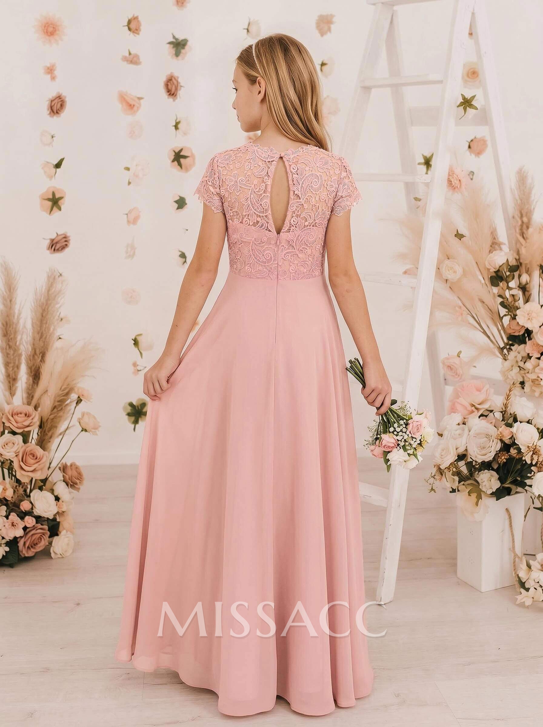 A-Line Scoop Neck Sleeveless Floor-Length Chiffon Junior Bridesmaid Dresses With Lace