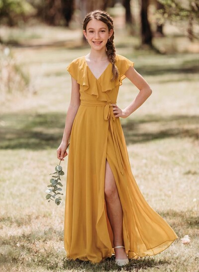 A-Line V-Neck Sleeveless Floor-Length Chiffon Junior Bridesmaid Dress With Bow
