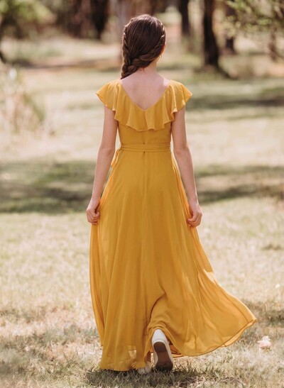A-Line V-Neck Sleeveless Floor-Length Chiffon Junior Bridesmaid Dress With Bow