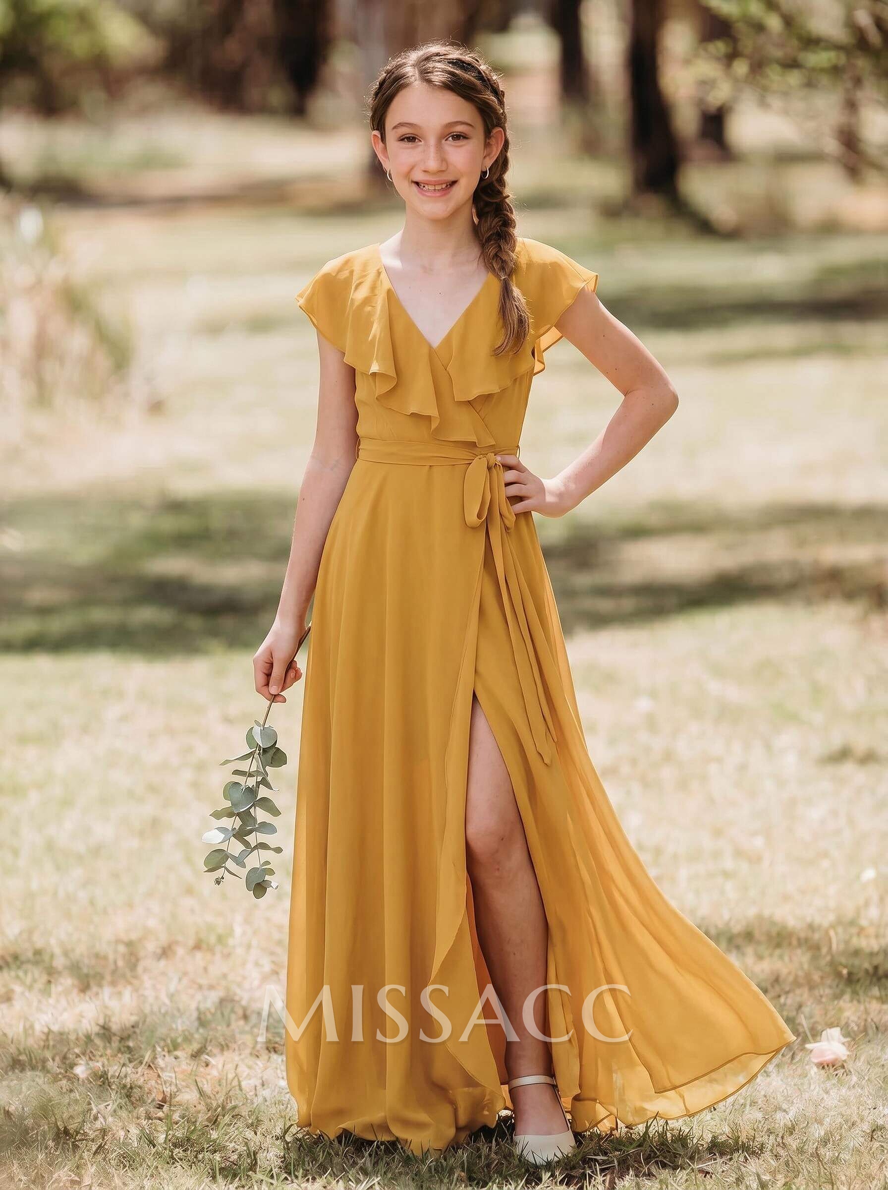 A-Line V-Neck Sleeveless Floor-Length Chiffon Junior Bridesmaid Dress With Bow