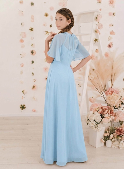 A-Line Scoop Neck Short Sleeves Floor-Length Chiffon Junior Bridesmaid Dresses