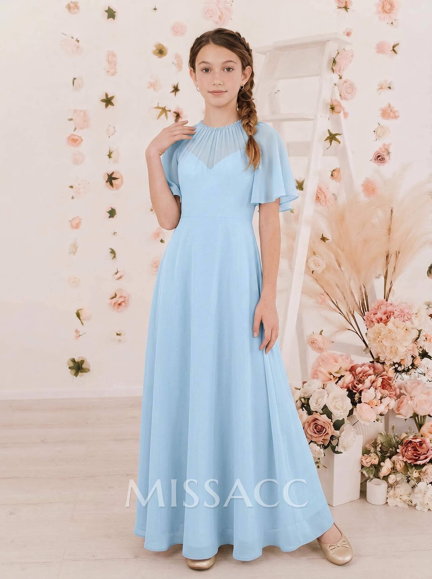 A-Line Scoop Neck Short Sleeves Floor-Length Chiffon Junior Bridesmaid Dresses