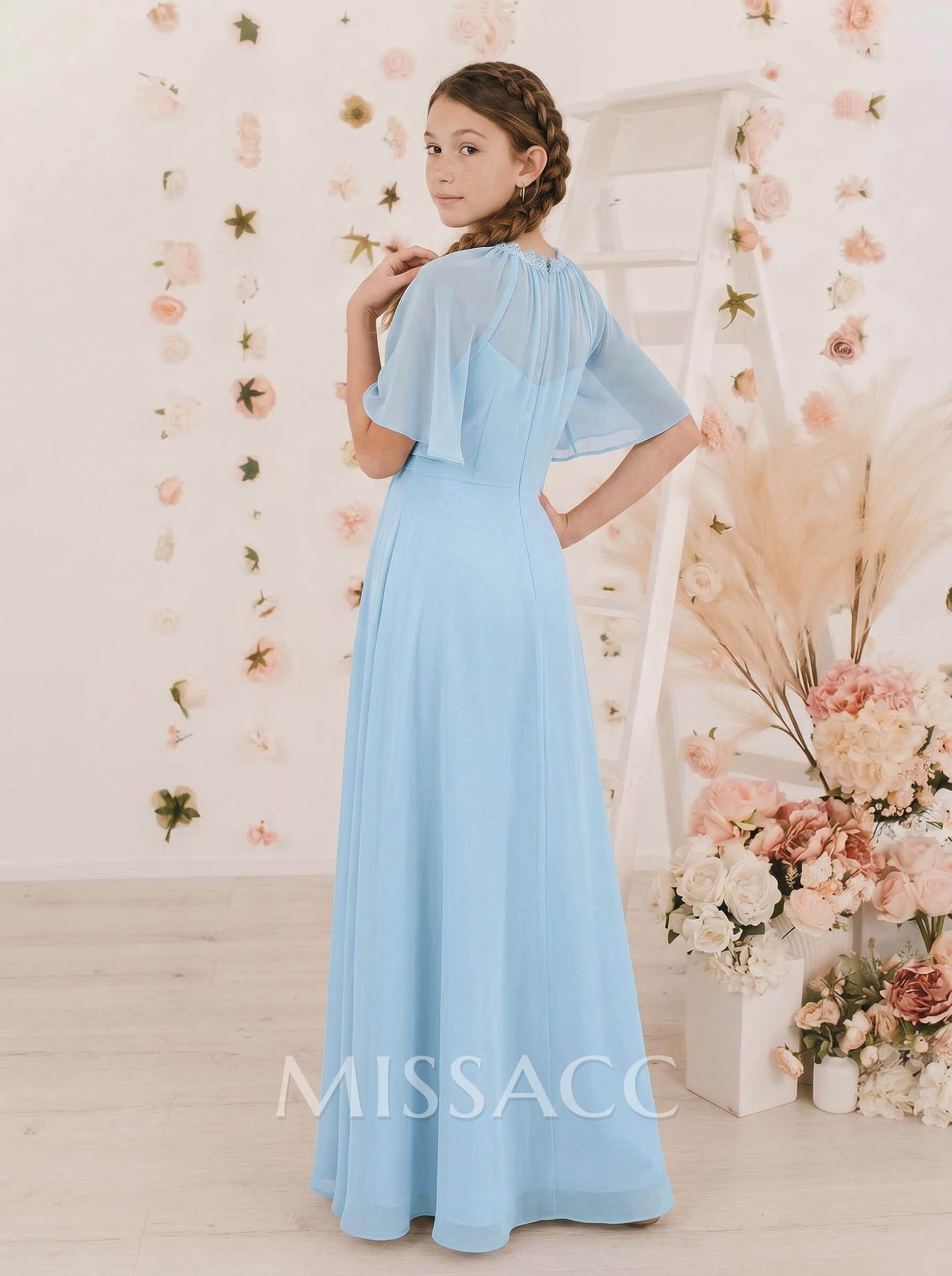 A-Line Scoop Neck Short Sleeves Floor-Length Chiffon Junior Bridesmaid Dresses