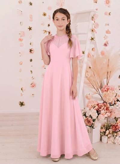 A-Line Scoop Neck Short Sleeves Floor-Length Chiffon Junior Bridesmaid Dresses