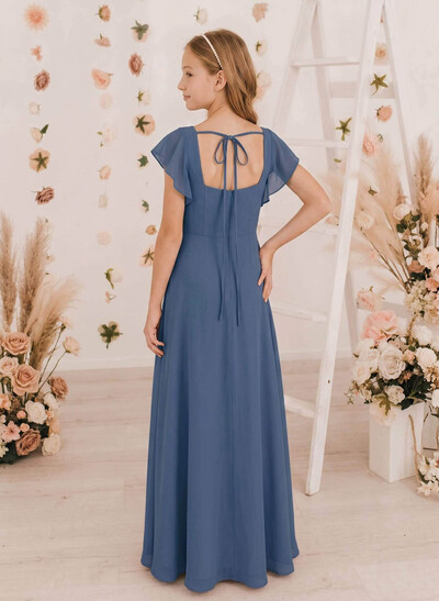 A-Line Square Neckline Short Sleeves Floor-Length Chiffon Junior Bridesmaid Dresses With Ruffle/Split Front