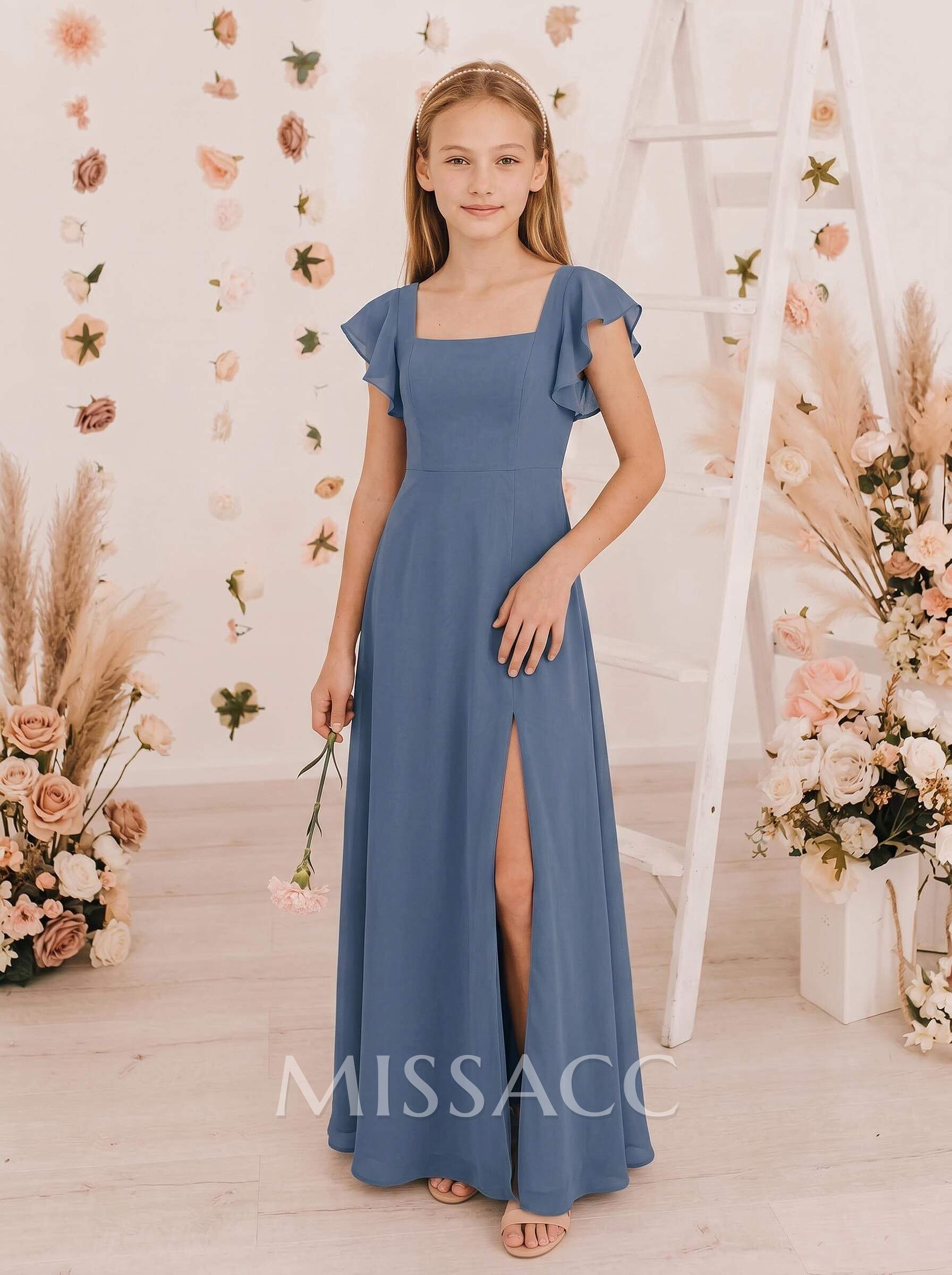 A-Line Square Neckline Short Sleeves Floor-Length Chiffon Junior Bridesmaid Dresses With Ruffle/Split Front