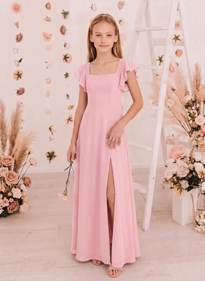 A-Line Square Neckline Short Sleeves Floor-Length Chiffon Junior Bridesmaid Dresses With Ruffle/Split Front