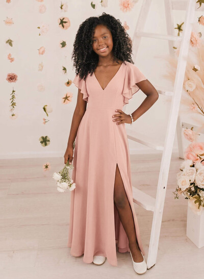 A-Line V-Neck Short Sleeves Floor-Length Chiffon Junior Bridesmaid Dresses With Ruffle/High Split