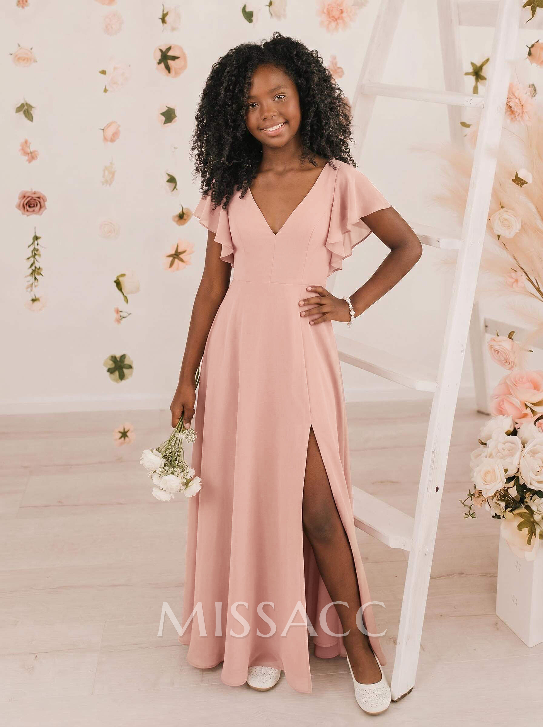 A-Line V-Neck Short Sleeves Floor-Length Chiffon Junior Bridesmaid Dresses With Ruffle/High Split