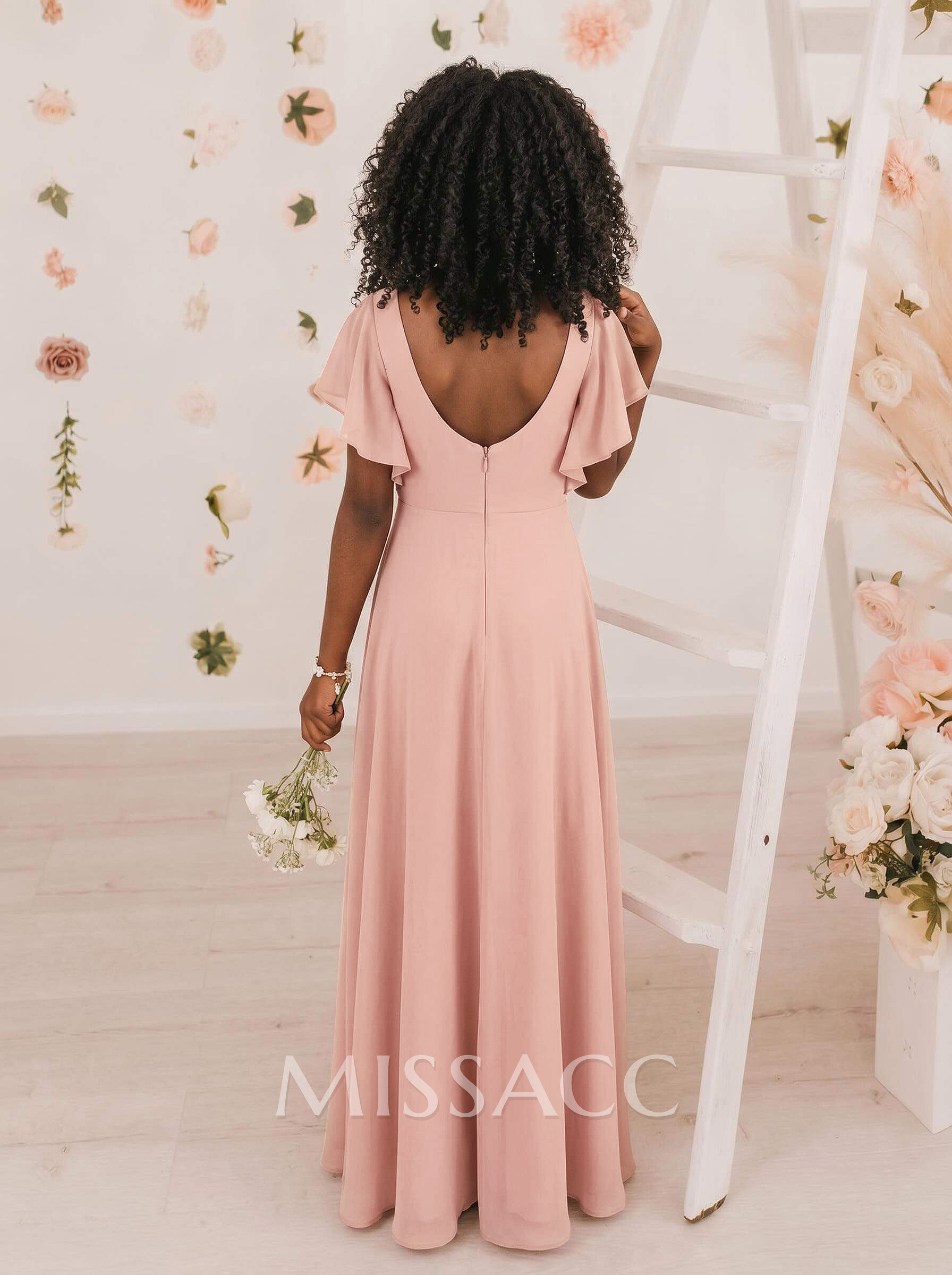 A-Line V-Neck Short Sleeves Floor-Length Chiffon Junior Bridesmaid Dresses With Ruffle/High Split