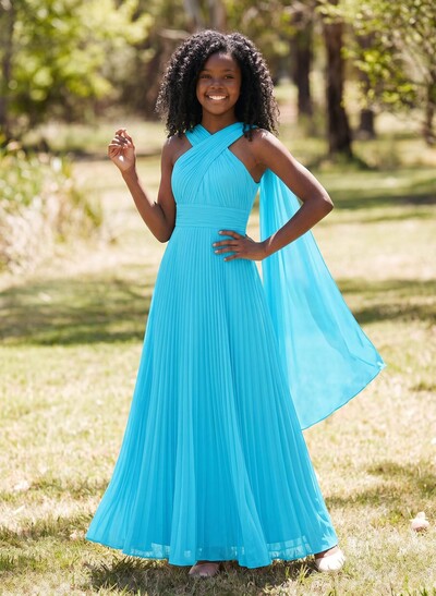 A-Line Halter Sleeveless Floor-Length Chiffon Junior Bridesmaid Dresses