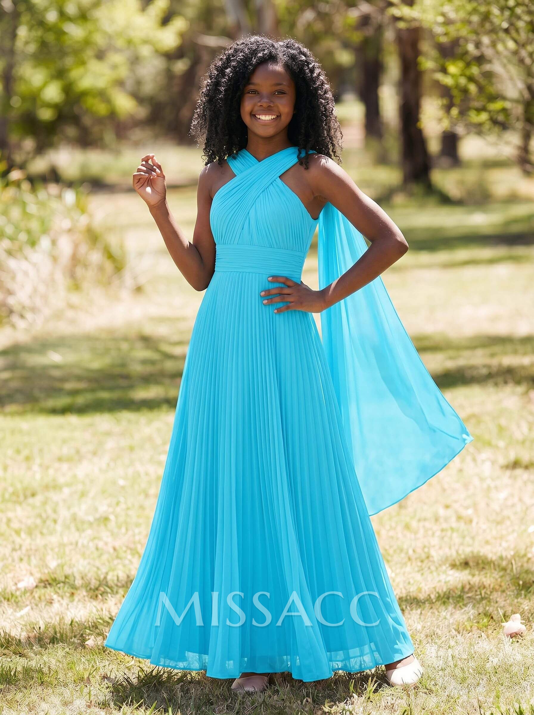 A-Line Halter Sleeveless Floor-Length Chiffon Junior Bridesmaid Dresses