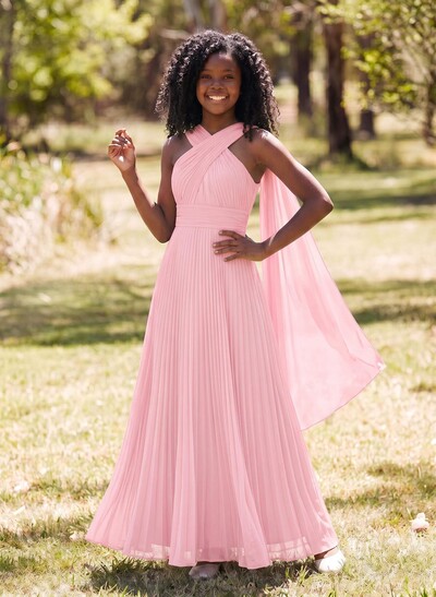 A-Line Halter Sleeveless Floor-Length Chiffon Junior Bridesmaid Dresses