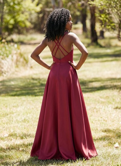 A-Line Square Neckline Sleeveless Floor-Length Satin Junior Bridesmaid Dresses With Pockets/High Split