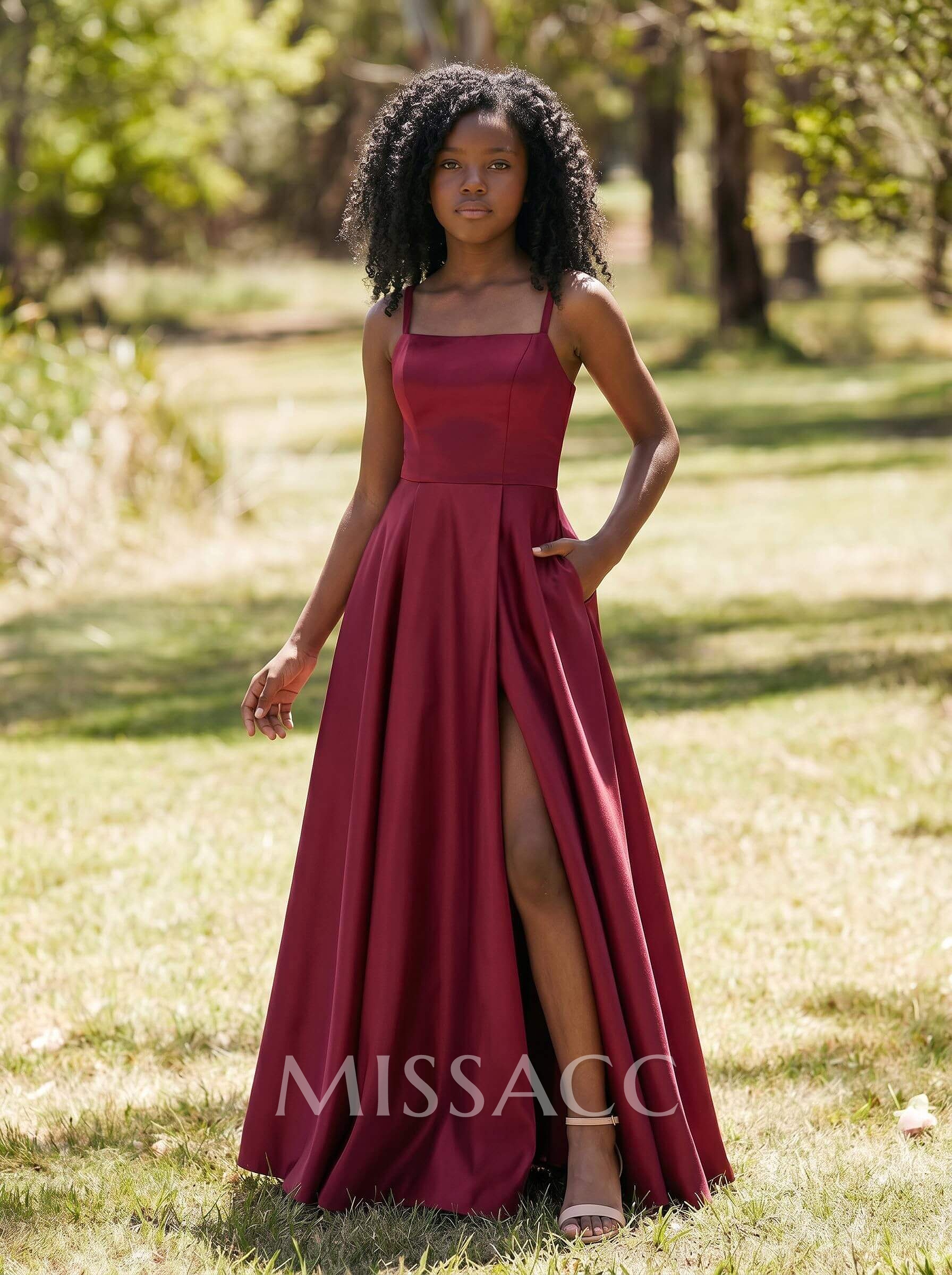 A-Line Square Neckline Sleeveless Floor-Length Satin Junior Bridesmaid Dresses With Pockets/High Split