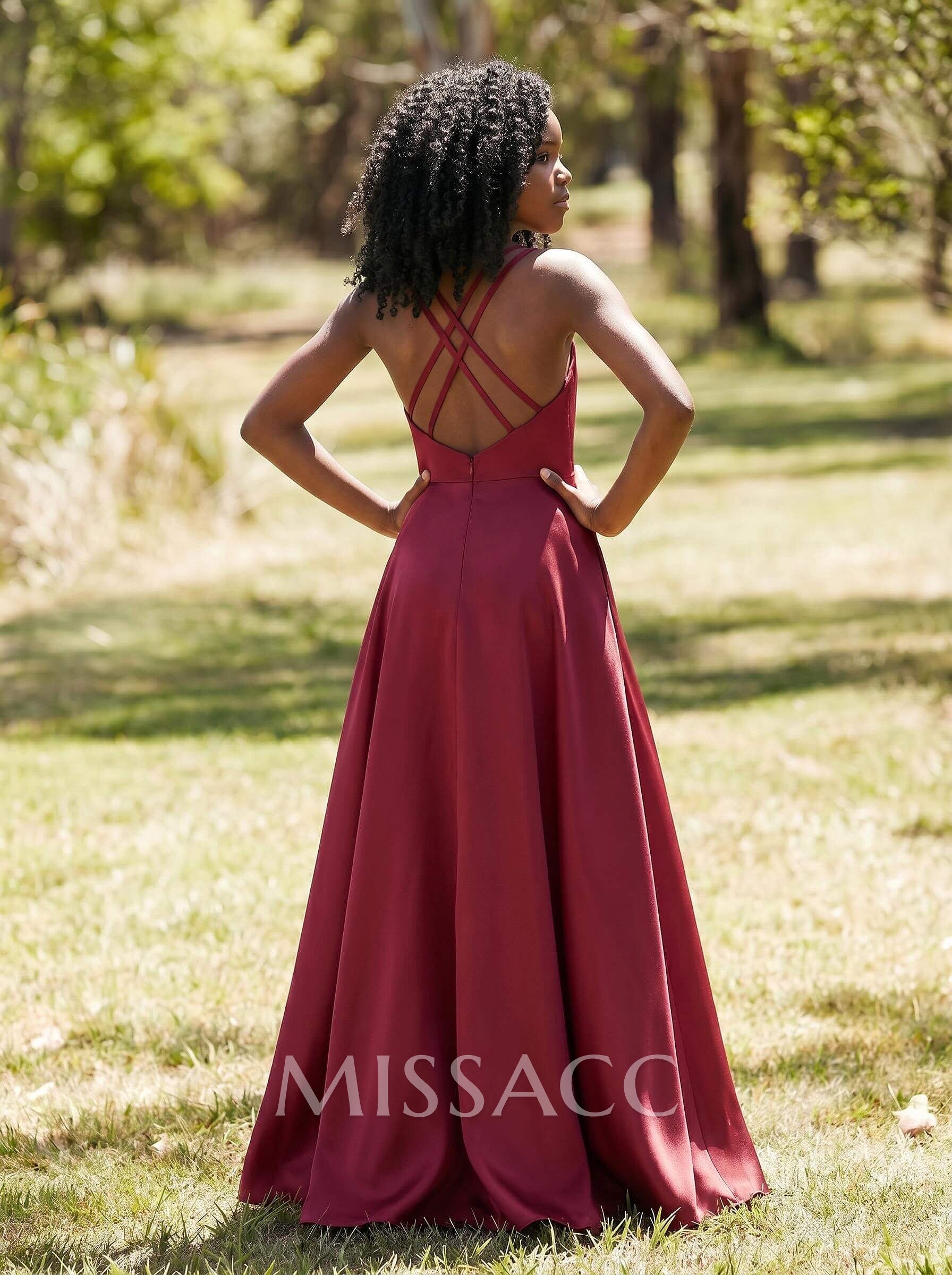 A-Line Square Neckline Sleeveless Floor-Length Satin Junior Bridesmaid Dresses With Pockets/High Split
