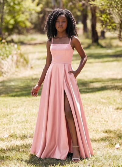 A-Line Square Neckline Sleeveless Floor-Length Satin Junior Bridesmaid Dresses With Pockets/High Split