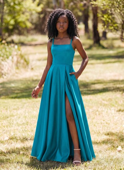 A-Line Square Neckline Sleeveless Floor-Length Satin Junior Bridesmaid Dresses With Pockets/High Split