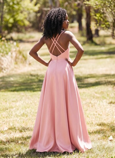 A-Line Square Neckline Sleeveless Floor-Length Satin Junior Bridesmaid Dresses With Pockets/High Split