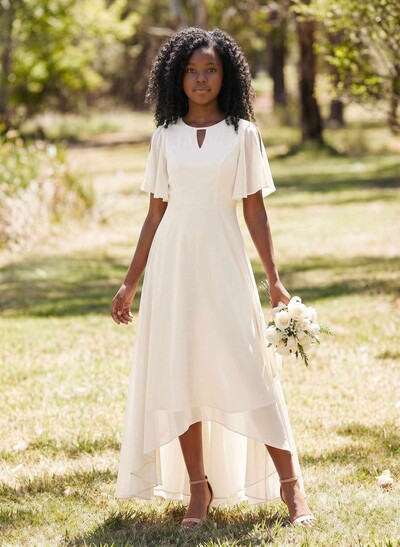A-Line Scoop Neck Short Sleeves Asymmetrical Chiffon Junior Bridesmaid Dresses