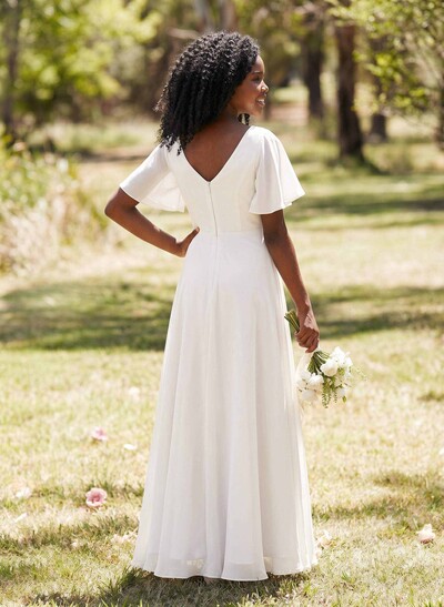 A-Line Scoop Neck Short Sleeves Asymmetrical Chiffon Junior Bridesmaid Dresses