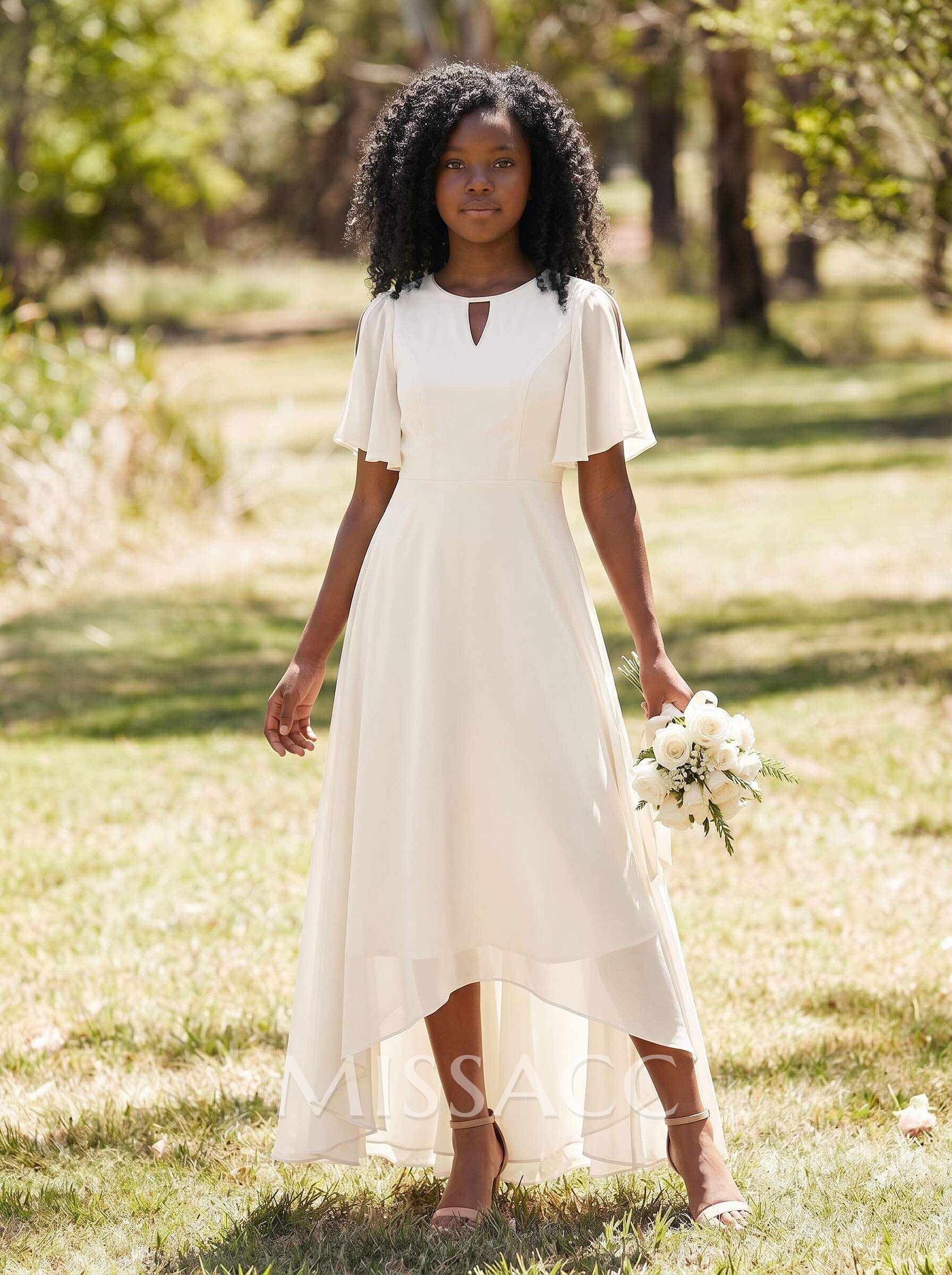 A-Line Scoop Neck Short Sleeves Asymmetrical Chiffon Junior Bridesmaid Dresses