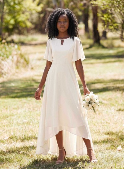A-Line Scoop Neck Short Sleeves Asymmetrical Chiffon Junior Bridesmaid Dresses