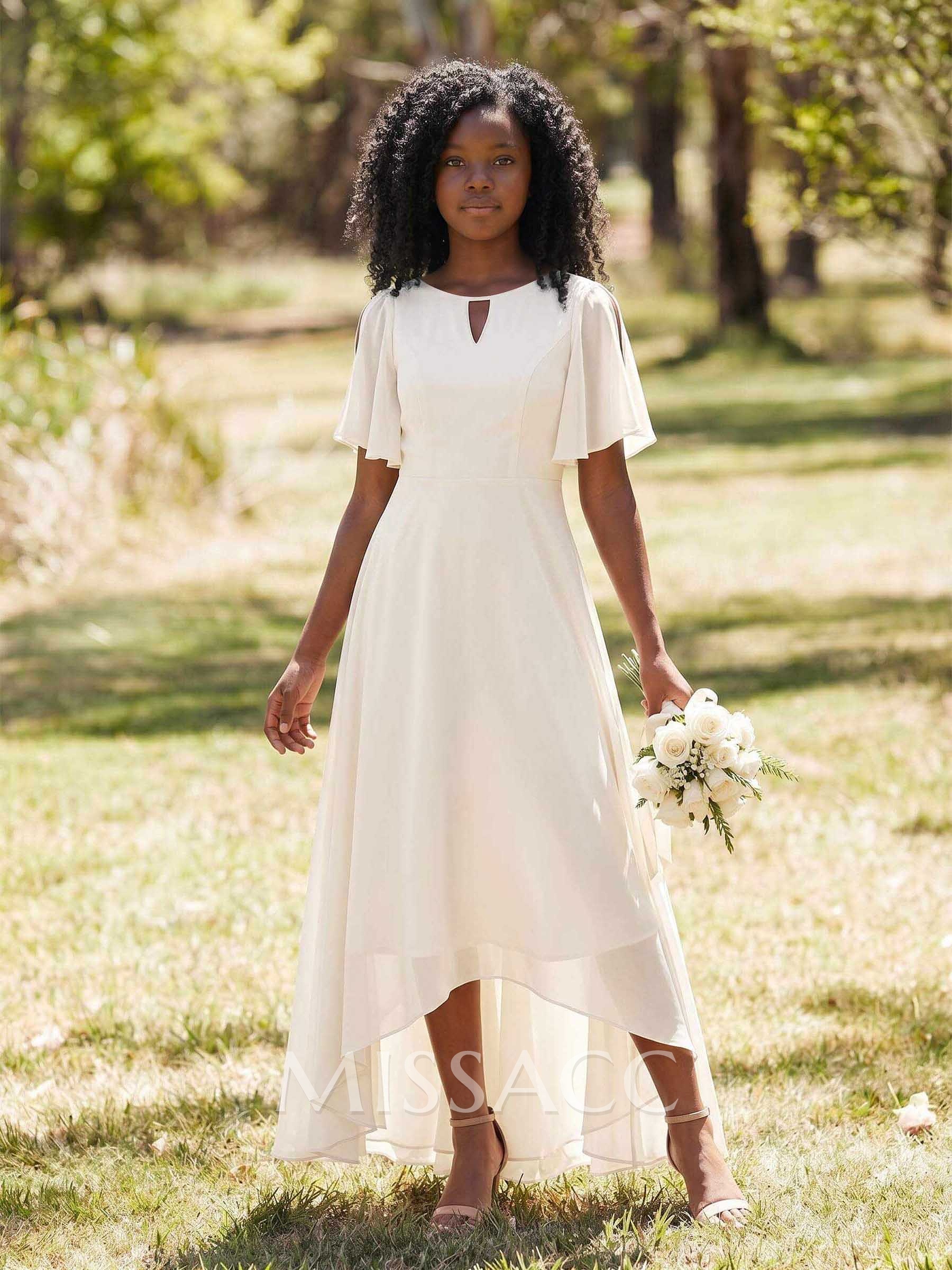 A-Line Scoop Neck Short Sleeves Asymmetrical Chiffon Junior Bridesmaid Dresses