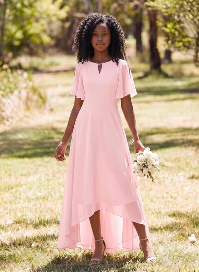 A-Line Scoop Neck Short Sleeves Asymmetrical Chiffon Junior Bridesmaid Dresses
