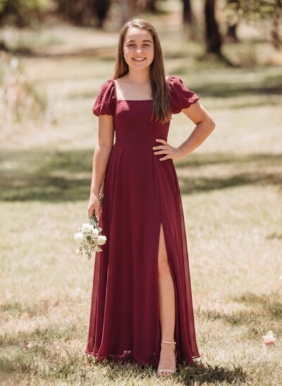 A-Line Square Neckline Short Sleeves Floor-Length Chiffon Junior Bridesmaid Dresses With Split Front
